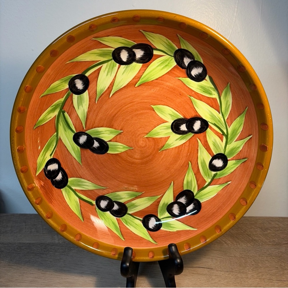 Gates Ware Pasta or Salad Bowl ~ brown coupe olive & leaf decor ~ 9 5/8" Ceramic